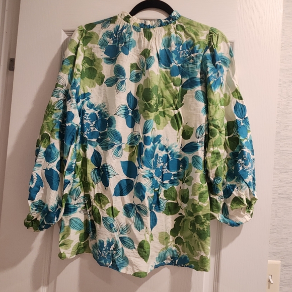 JODIFL Vibrant Floral Blouse in Green and Blue Size M Euc - Picture 3 of 4